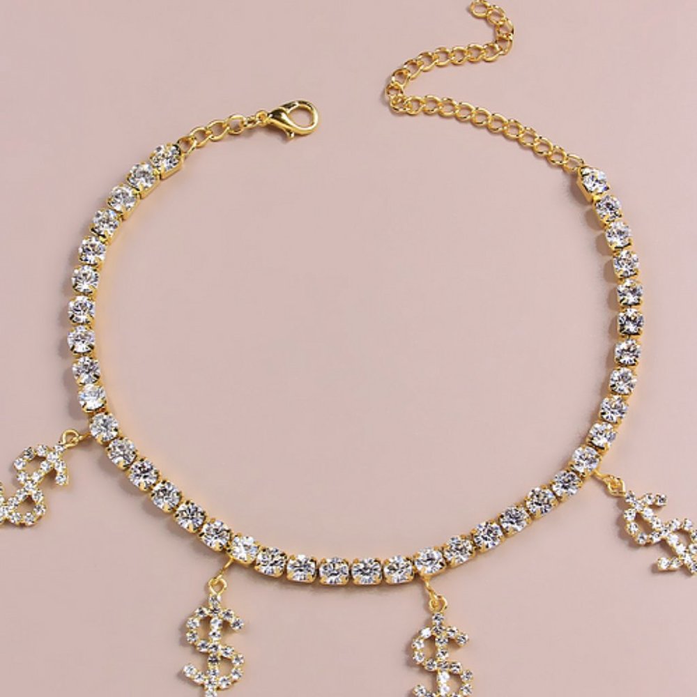 GOLD Rhinestone dollar money sign anklet sexy ankle bracelet summer jewelry HOT - Picture 2 of 3